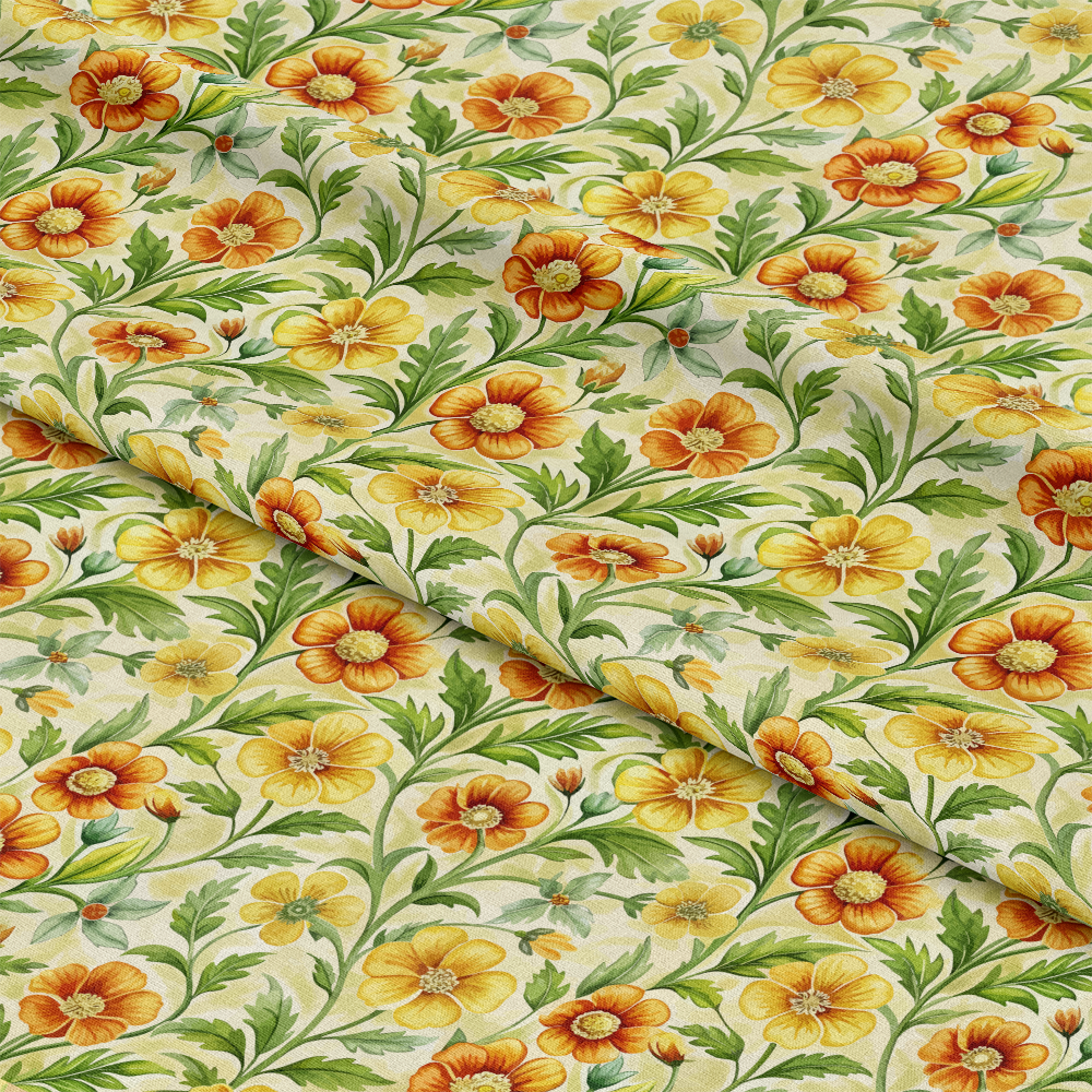 Art Nouveau Cinquefoils Pattern 1 Quilting Cotton Fabric featuring yellow and orange floral designs, green leaves, vintage style, botanical print, cotton textile, quilting material, natural colors, decorative fabric, soft texture, traditional style fabric, premium quality cotton fabric, yardage fabric.