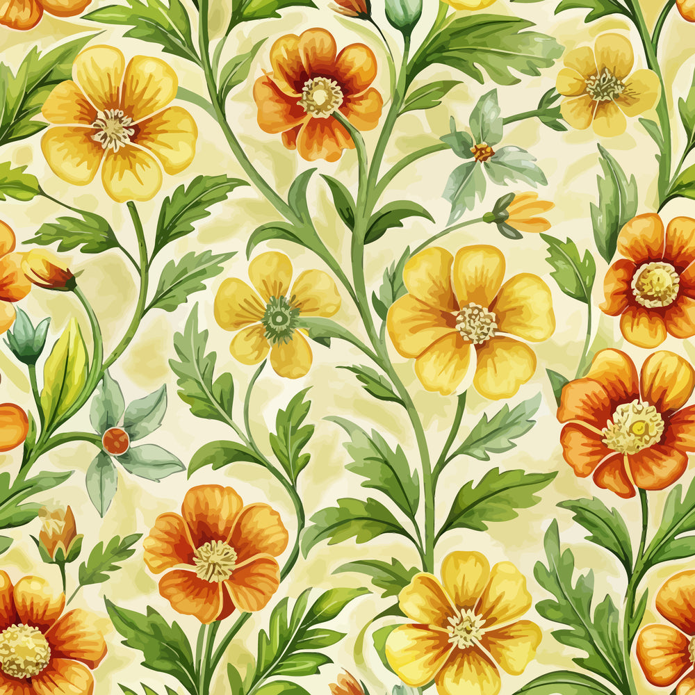 Art Nouveau Cinquefoils Pattern 1 Quilting Cotton Fabric with yellow and orange flowers, green leaves, floral design, vintage style, decorative textile, natural motifs, soft cotton material, spring colors, botanical print, classic quilting fabric.