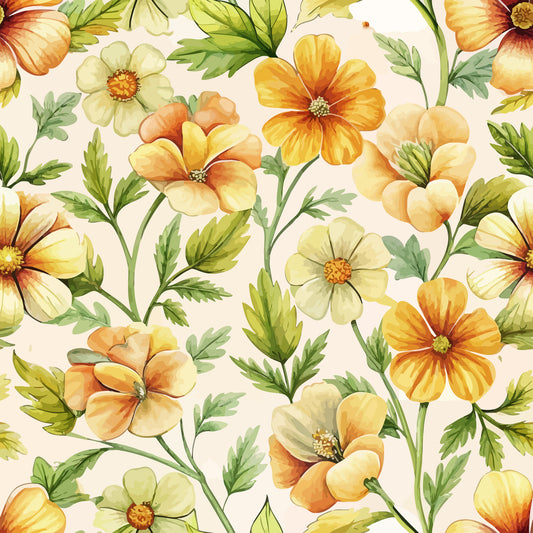 yellow flowers, orange blooms, cream background, green leaves, floral pattern, botanical design, cinquefoil flowers, art nouveau style, watercolor effect, quilting cotton, fabric panel, five-petal flowers, nature motif, warm tones, spring flowers, flowing stems, organic shapes, seamless repeat, cottagecore aesthetic