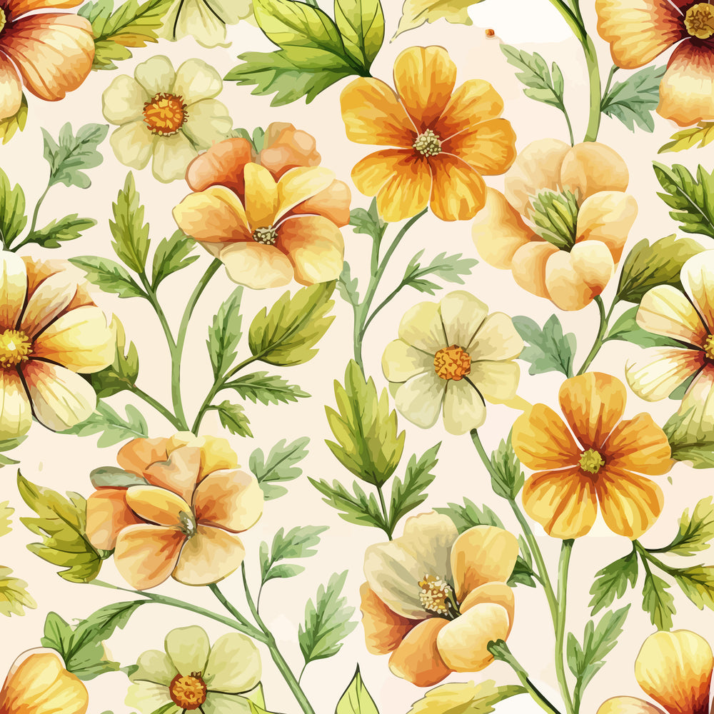 Art Nouveau Cinquefoils Pattern 2 Quilting Cotton Fabric featuring floral design, orange and cream flowers, green leaves, botanical print, vintage style, soft texture, 100% cotton material, natural colors, decorative textile, elegant quilting fabric.
