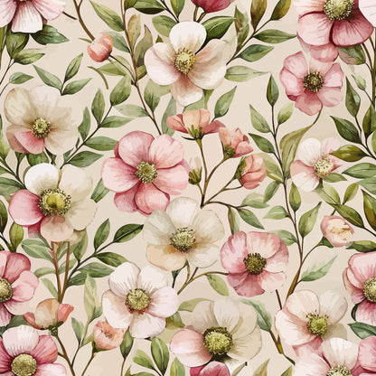 blush pink, cream white, sage green, olive green, cistus flowers, five-petaled blooms, botanical pattern, flowing branches, delicate leaves, art nouveau style, watercolor effect, romantic florals, soft pastels, quilting cotton, fabric panel, nature motif, vintage inspired, feminine design, seamless repeat, garden flowers
