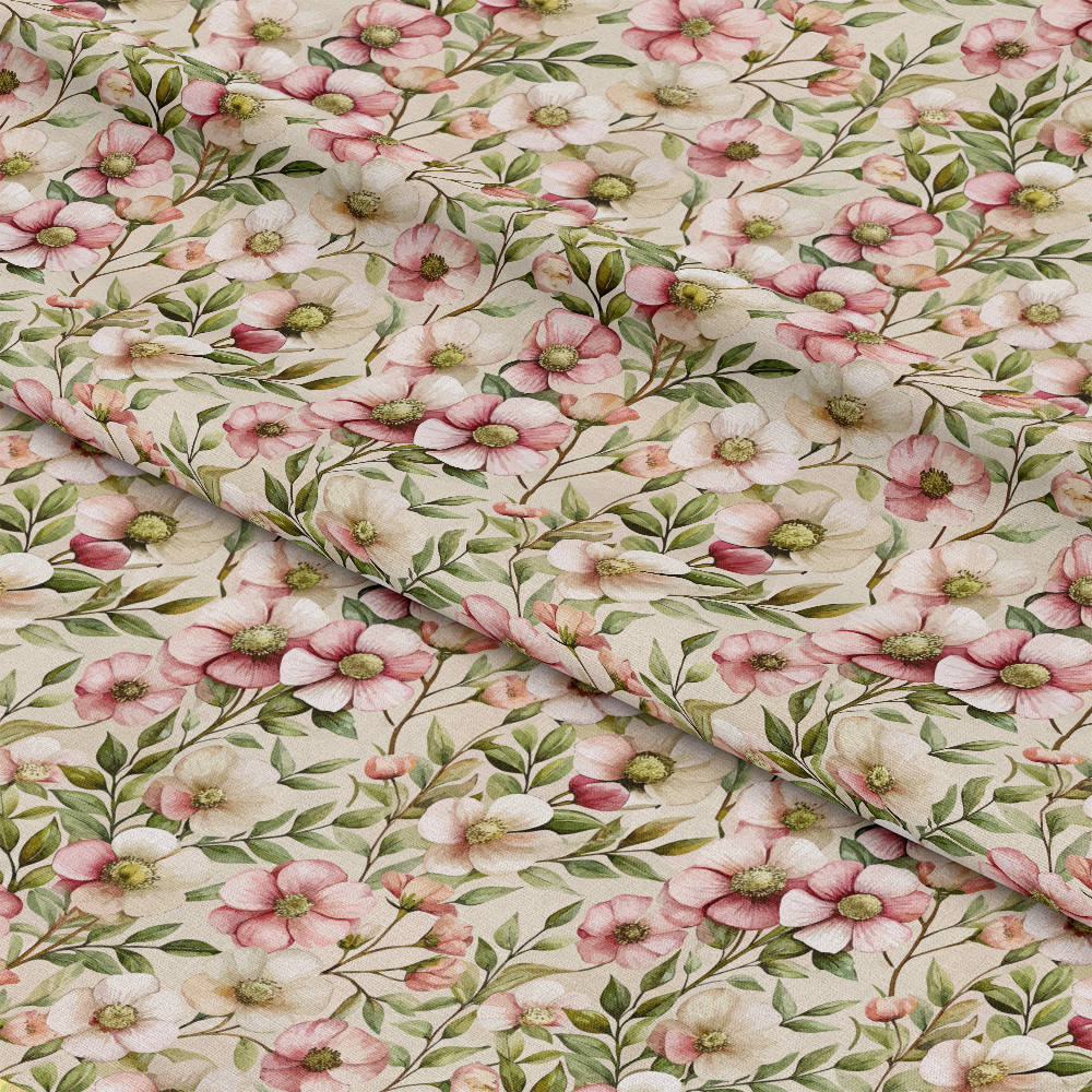 Art Nouveau Cistus Flowers Pattern 1 Quilting Cotton Fabric with floral design, pink and white cistus flowers, green foliage, vintage style, natural colors, cotton textile, quilting material, botanical motif, soft texture, decorative fabric, garden-inspired print, premium quality, handmade appearance.