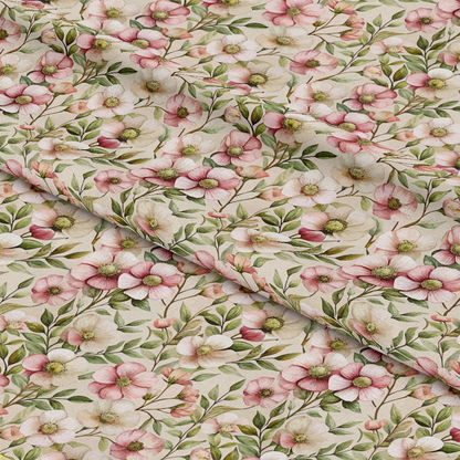 Art Nouveau Cistus Flowers Pattern 1 Quilting Cotton Fabric with floral design, pink and white cistus flowers, green foliage, vintage style, natural colors, cotton textile, quilting material, botanical motif, soft texture, decorative fabric, garden-inspired print, premium quality, handmade appearance.