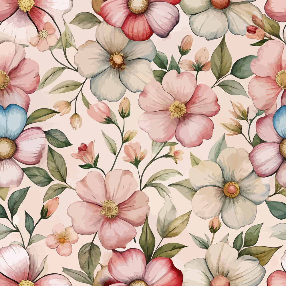 art nouveau, cistus flowers, floral pattern, quilting cotton, fabric panel, pink flowers, white blooms, coral petals, sage green leaves, yellow centers, botanical design, watercolor style, delicate florals, soft pastels, romantic mood, seamless repeat, nature motif, garden flowers, feminine aesthetic, crafting fabric