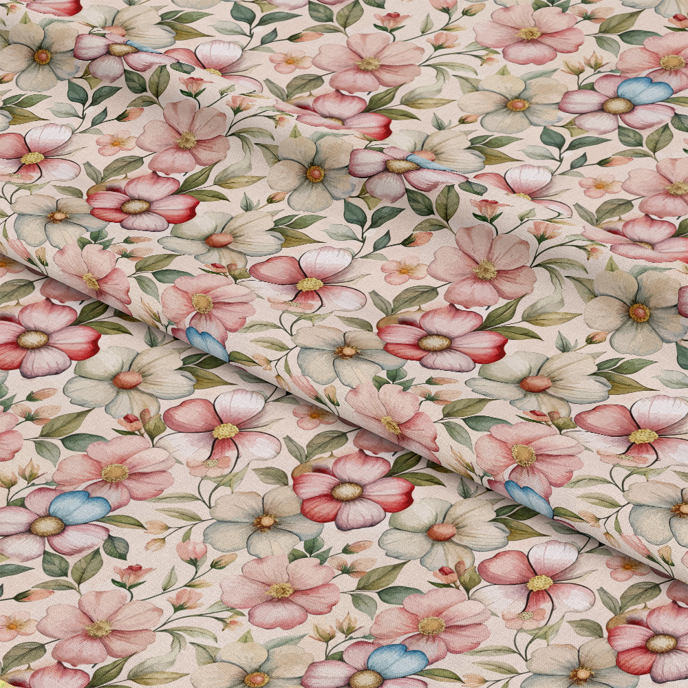 Art Nouveau Cistus Flowers Pattern 2 Quilting Cotton Fabric featuring floral design, pink flowers, green leaves, blue accents, vintage style, soft texture, natural colors, cotton textile, quilting material, decorative fabric, artistic print, garden motif, botanical pattern.