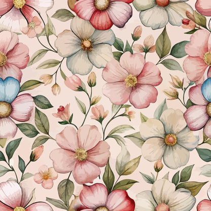 Art Nouveau Cistus Flowers Pattern 2 Quilting Cotton Fabric featuring floral design, pastel pink, cream, blue, green leaves, vintage style, botanical print, cotton textile, quilting material, soft texture, elegant motif, traditional flower pattern, fabric yardage, natural tones, decorative fabric