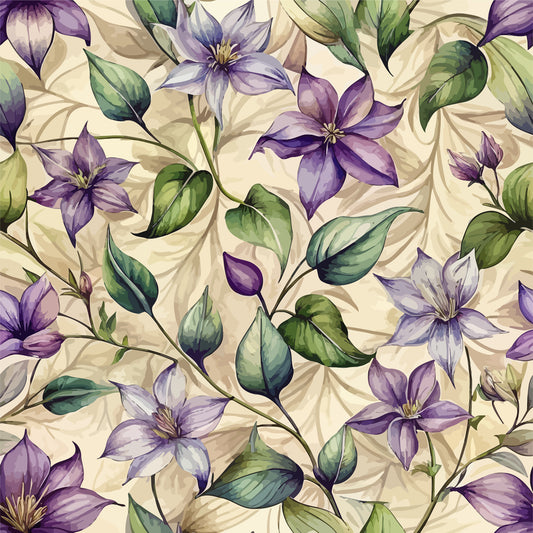 Art Nouveau Clematis Pattern 1 Quilting Cotton Fabric featuring purple and lavender flowers, green leaves, floral design, vintage style, classic motif, botanical print, soft texture, cotton textile, nature-inspired fabric, delicate petals, garden theme, elegant decoration, quilting material, premium cotton fabric.