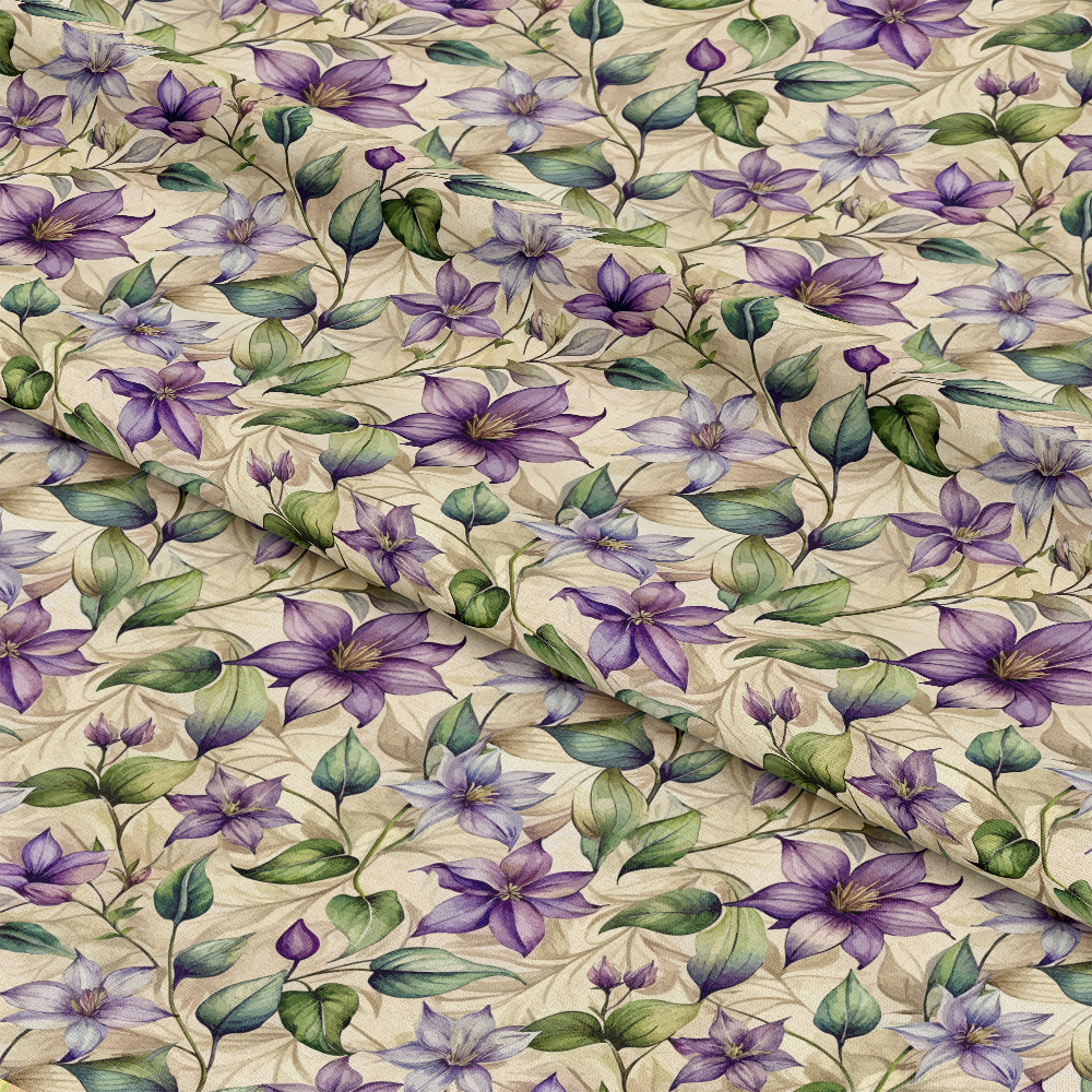 Art Nouveau Clematis Pattern 1 Quilting Cotton Fabric featuring floral design, purple clematis flowers, green leaves, botanical print, natural tones, vintage style, quilting material, soft cotton fabric, garden-inspired textile, elegant fabric for quilting projects.