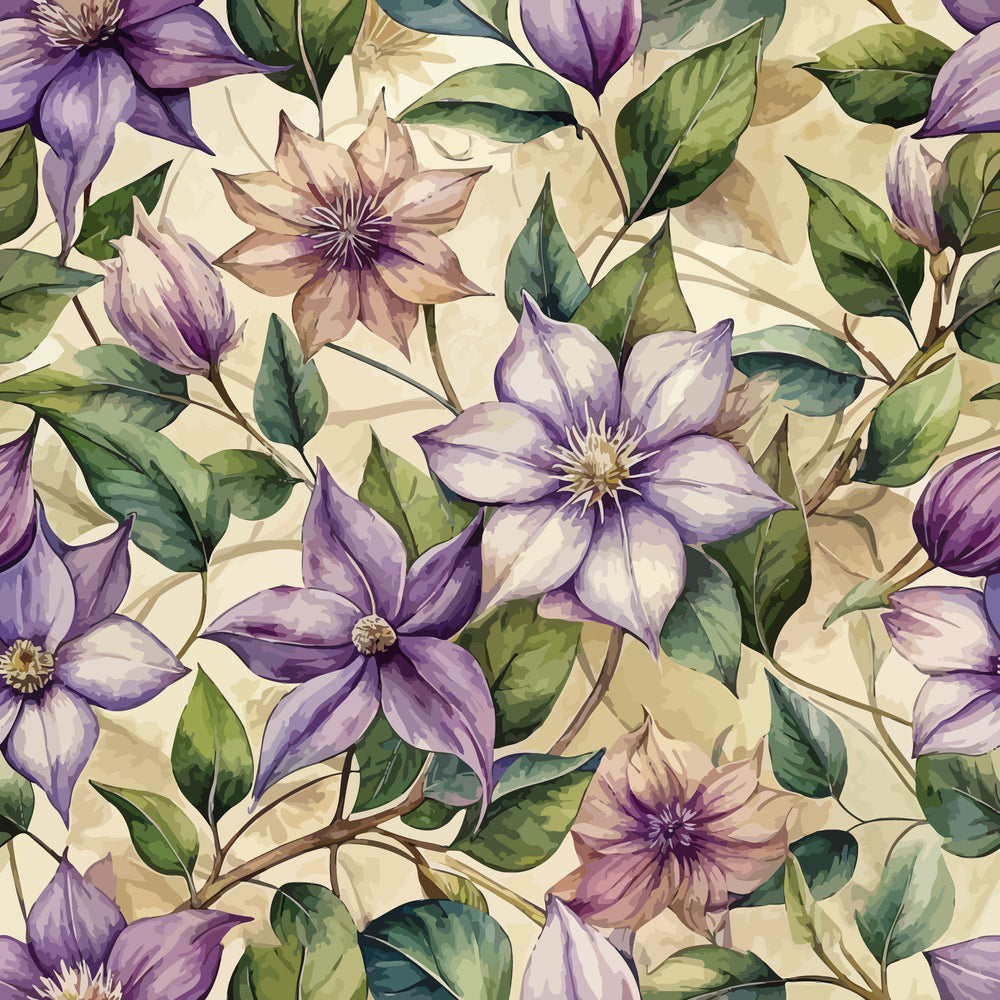 art nouveau, clematis flowers, purple petals, lavender blooms, green leaves, cream background, botanical pattern, floral design, watercolor style, quilting cotton, fabric panel, vine motif, nature inspired, soft pastels, elegant florals, climbing flowers, organic shapes, flowing lines, garden theme