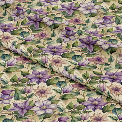 - Art Nouveau Clematis Pattern 2 Quilting Cotton Fabric  
- Floral design  
- Purple flowers  
- Green leaves  
- Vintage style  
- Botanical print  
- Soft texture  
- Cotton material  
- Quilting yardage  
- Natural colors  
- Decorative fabric