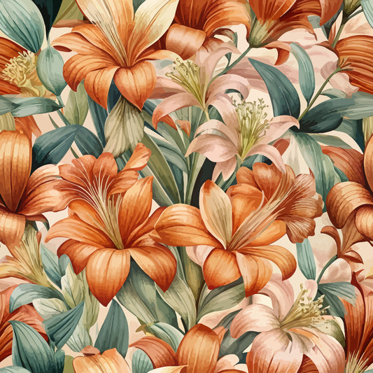 Art Nouveau Clivia Flowers Pattern 1 Quilting Cotton Fabric featuring vibrant orange, peach, cream flowers, green leaves, floral design, botanical print, natural colors, quilting fabric, cotton textile, decorative fabric for sewing projects, vintage style, elegant fabric pattern.