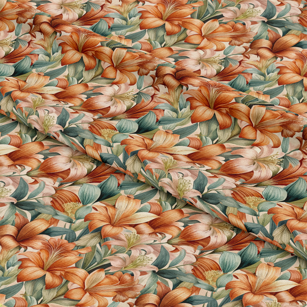 Art Nouveau Clivia Flowers Pattern 1 Quilting Cotton Fabric showing vibrant orange and cream clivia flowers with green leaves, floral design, botanical print, textile close-up, quilting material, cotton fabric, nature-inspired pattern, decorative fabric for sewing projects