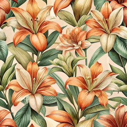 orange flowers, peach blooms, coral petals, green leaves, cream background, botanical pattern, lily flowers, tropical florals, art nouveau style, seamless design, quilting cotton, fabric panel, nature motif, warm tones, floral illustration, orange stamens, leafy foliage, vintage botanical, repeating pattern