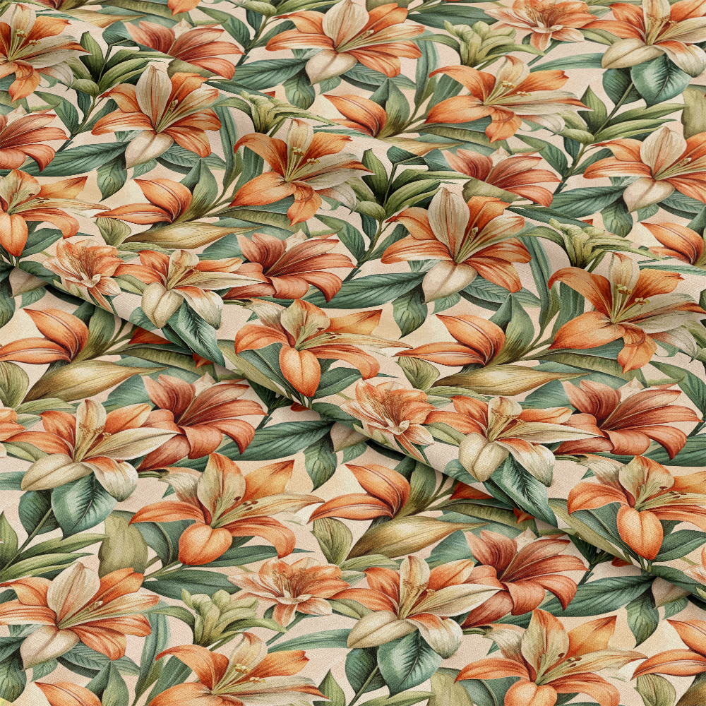 Art Nouveau Clivia Flowers Pattern 2 Quilting Cotton Fabric featuring orange, cream, and green floral design, leaves, botanical print, vintage style, natural motifs, soft texture, quilting cotton material, traditional floral pattern, elegant fabric for sewing projects.