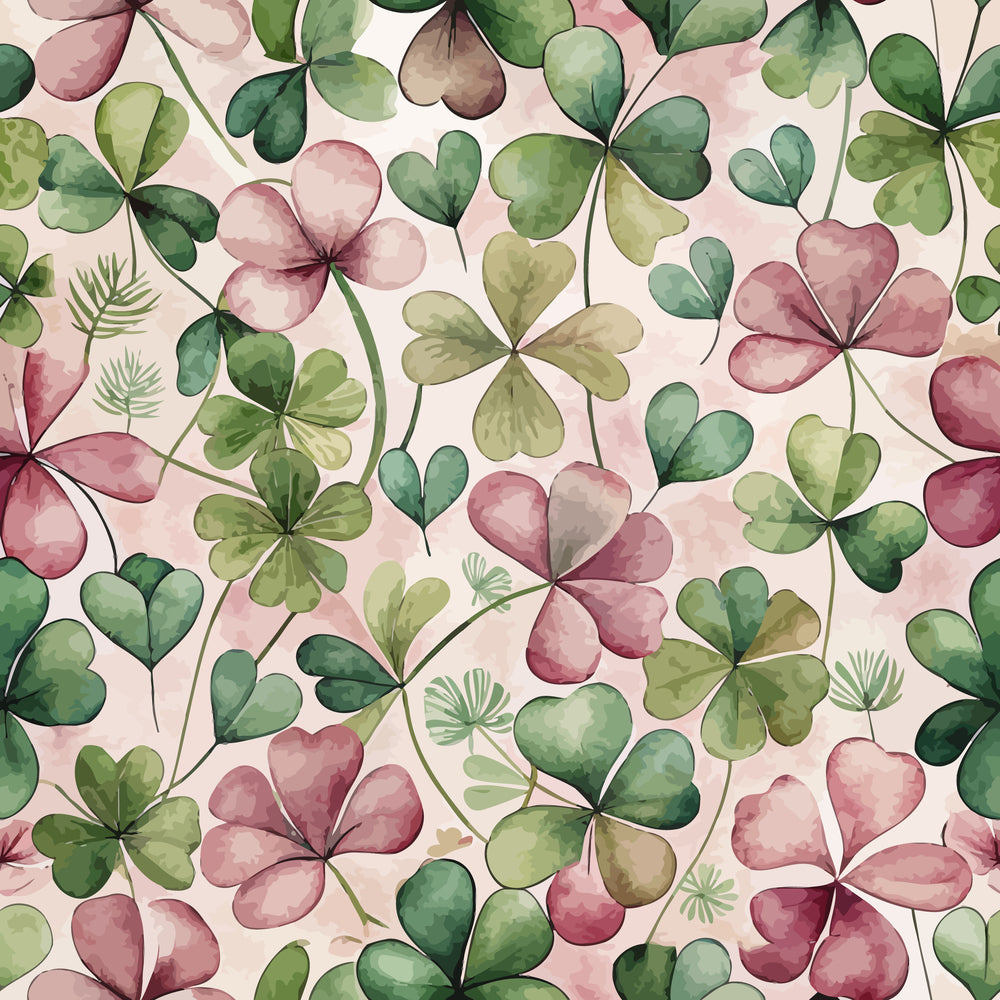 clover pattern, shamrock design, watercolor style, green leaves, pink flowers, sage green, dusty rose, olive green, botanical motif, nature inspired, quilting cotton, fabric panel, soft pastels, delicate florals, art nouveau, organic shapes, spring colors, lucky charms, irish symbols, whimsical design