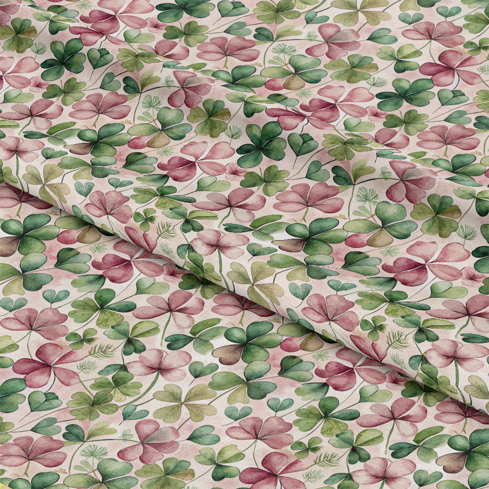 Art Nouveau Clovers Pattern 1 Quilting Cotton Fabric, green clovers, pink clovers, botanical design, floral motif, quilting, cotton textile, premium fabric, soft texture, sewing material, craft fabric, natural colors, eco-friendly, traditional style, decorative fabric, yardage fabric.