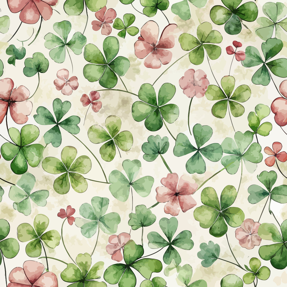 watercolor clovers, shamrock pattern, green leaves, pink flowers, sage green, dusty rose, cream background, botanical design, nature motif, four leaf clover, quilting cotton, fabric panel, delicate florals, soft pastels, seamless repeat, organic shapes, spring theme, lucky charms, hand painted style, art nouveau