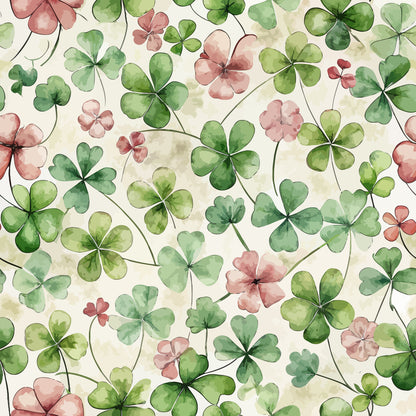 watercolor clovers, shamrock pattern, green leaves, pink flowers, sage green, dusty rose, cream background, botanical design, nature motif, four leaf clover, quilting cotton, fabric panel, delicate florals, soft pastels, seamless repeat, organic shapes, spring theme, lucky charms, hand painted style, art nouveau