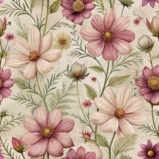 Art Nouveau Cosmos Flowers Pattern 1 Quilting Cotton Fabric featuring floral design, cosmos flowers, pink, mauve, cream colors, green leaves, botanical print, natural motifs, quilting, cotton textile, garden-inspired pattern, vintage style, soft texture, fabric yardage.