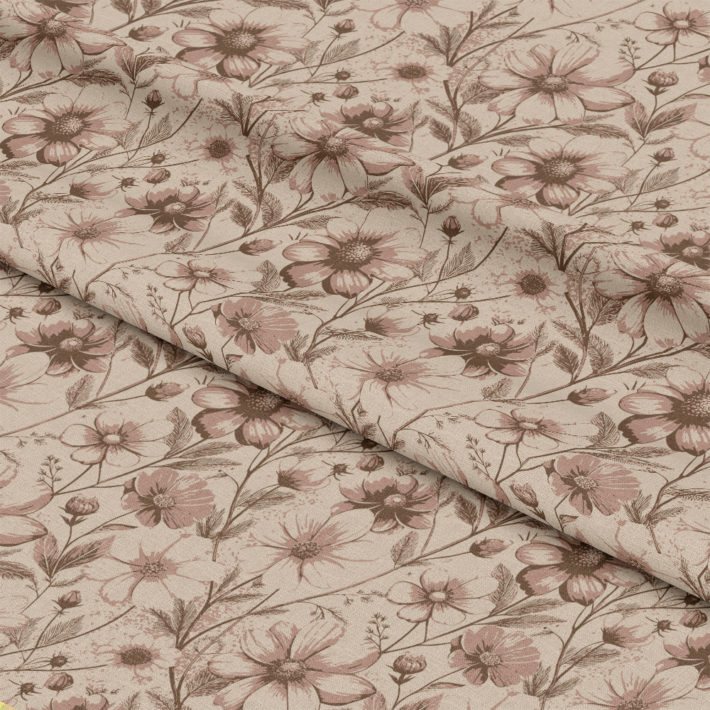 Art Nouveau Cosmos Flowers Pattern 2 Quilting Cotton Fabric, floral design, beige background, soft brown flowers, botanical print, natural tones, quilting cotton, elegant textile, decorative fabric, vintage style, premium quilting material, yardage fabric, classic floral motif, muted colors, sewing fabric, crafting cotton fabric.