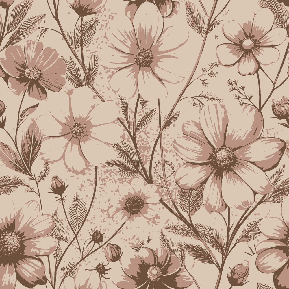 Art Nouveau Cosmos Flowers Pattern 2 Quilting Cotton Fabric with floral design, vintage flowers, botanical print, beige and brown tones, natural elements, soft texture, quilting material, cotton textile, decorative fabric, elegant nature-inspired pattern, premium quilting cotton fabric panel.