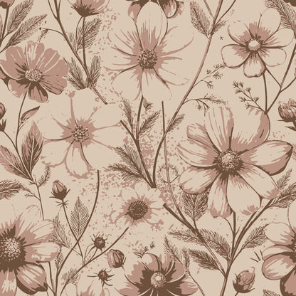 Art Nouveau Cosmos Flowers Pattern 2 Quilting Cotton Fabric with floral design, vintage flowers, botanical print, beige and brown tones, natural elements, soft texture, quilting material, cotton textile, decorative fabric, elegant nature-inspired pattern, premium quilting cotton fabric panel.