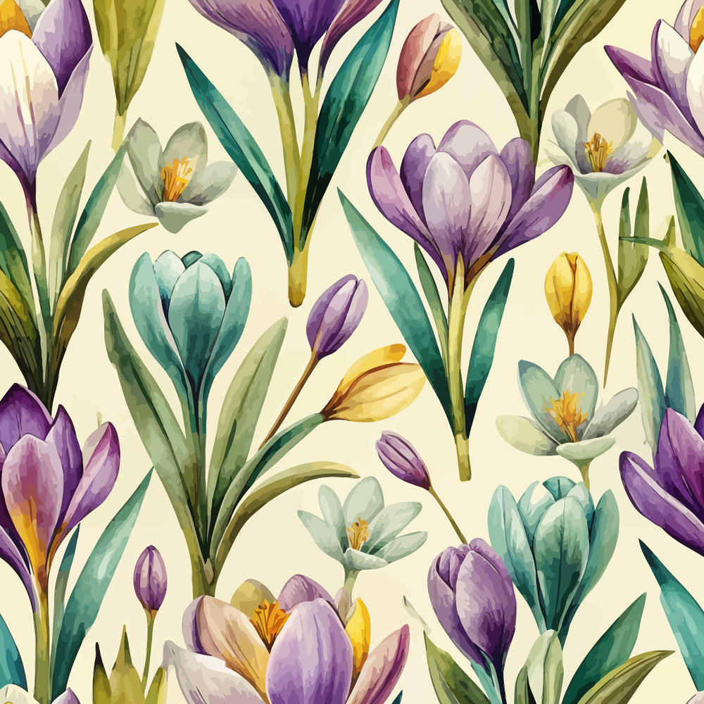 purple, teal, yellow, cream, green, crocus flowers, spring blooms, botanical pattern, watercolor style, floral design, art nouveau, quilting cotton, fabric panel, nature motif, garden flowers, soft pastels, repeating pattern, delicate petals, leaves and stems, springtime theme