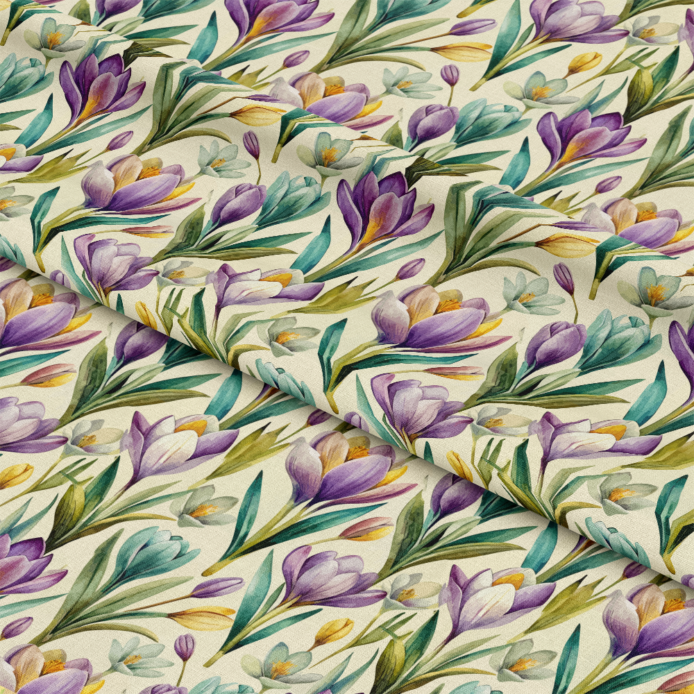 Art Nouveau Crocus Flowers Pattern 1 Quilting Cotton Fabric, floral design, crocus flowers, purple, yellow, green leaves, natural colors, botanical print, vintage style, quilting, cotton textile, soft texture, decorative fabric, spring motif, artistic pattern, fabric yardage, natural theme.