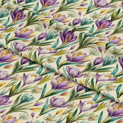 Art Nouveau Crocus Flowers Pattern 1 Quilting Cotton Fabric, floral design, crocus flowers, purple, yellow, green leaves, natural colors, botanical print, vintage style, quilting, cotton textile, soft texture, decorative fabric, spring motif, artistic pattern, fabric yardage, natural theme.