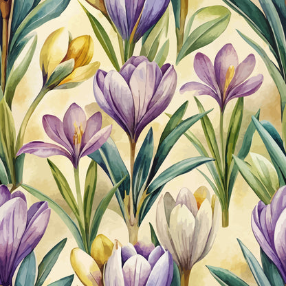 purple, yellow, cream, green, crocus flowers, spring bulbs, botanical pattern, art nouveau style, watercolor effect, floral design, quilting cotton, fabric panel, nature motif, garden flowers, delicate petals, organic shapes, soft pastels, flowing lines, vintage inspired, blooming flowers