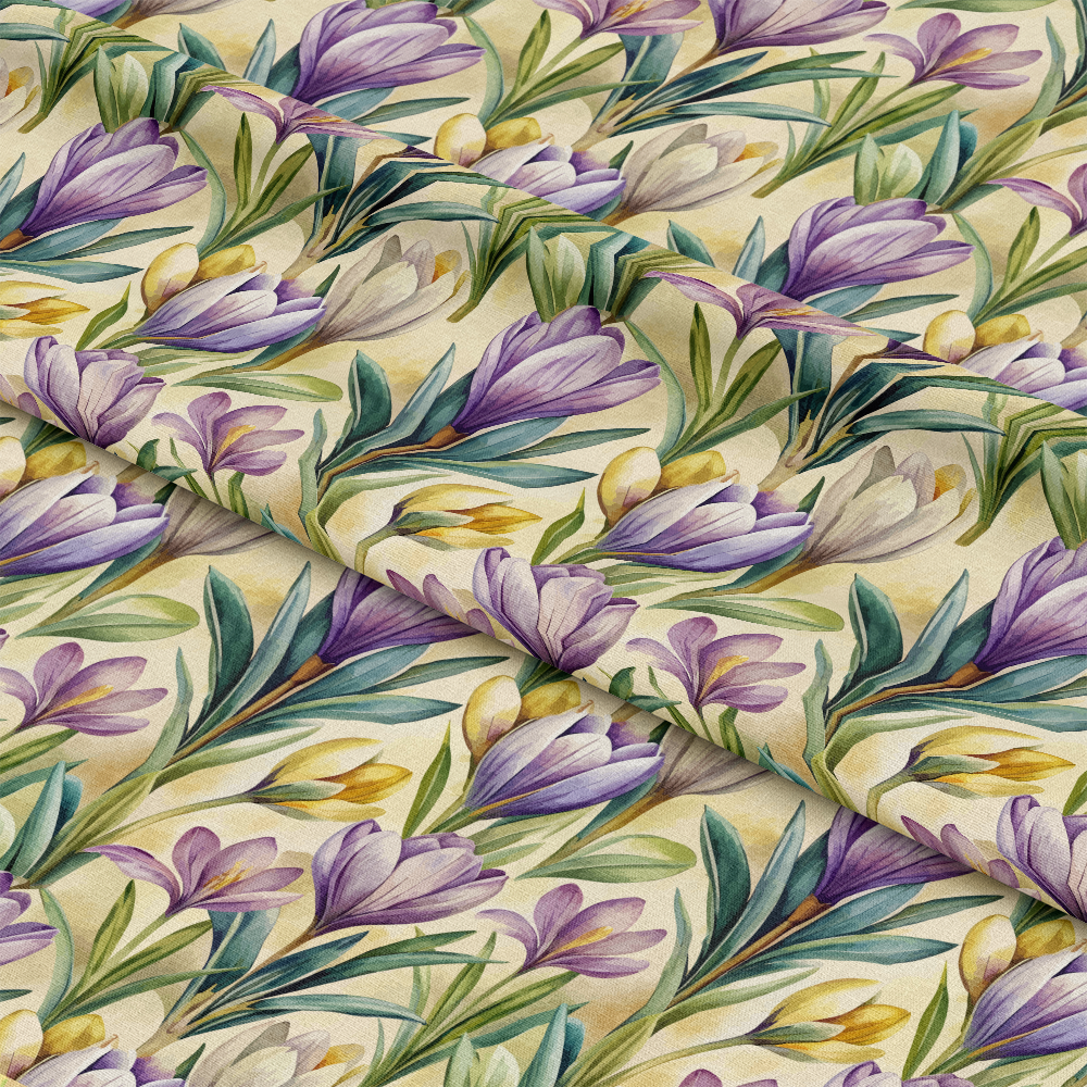 Art Nouveau Crocus Flowers Pattern 2 Quilting Cotton Fabric with purple, yellow, and white crocus flowers, green leaves, floral design, vintage-inspired, natural tones, textile, sewing material, smooth texture, decorative cloth, quilting cotton, premium quilting fabric.