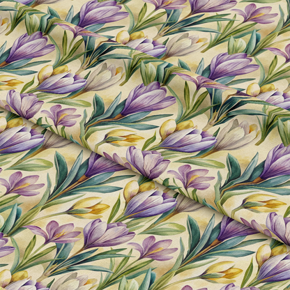 Art Nouveau Crocus Flowers Pattern 2 Quilting Cotton Fabric with purple, yellow, and white crocus flowers, green leaves, floral design, vintage-inspired, natural tones, textile, sewing material, smooth texture, decorative cloth, quilting cotton, premium quilting fabric.