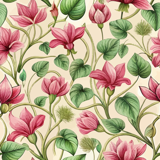 Art Nouveau Cyclamens Pattern 1 Quilting Cotton Fabric featuring pink cyclamen flowers, green leaves, botanical design, floral motif, premium cotton textile, traditional style, vintage inspired, soft texture, natural colors, elegant print, continuous yardage fabric.