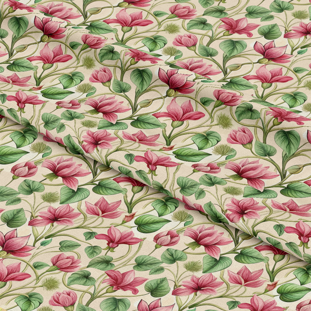 Art Nouveau Cyclamens Pattern 1 Quilting Cotton Fabric featuring floral design, pink cyclamen flowers, green leaves, vine motifs, cream background, quilting cotton textile, botanical print, vintage style, soft cotton fabric, cotton yardage, nature-inspired pattern, traditional fabric design.