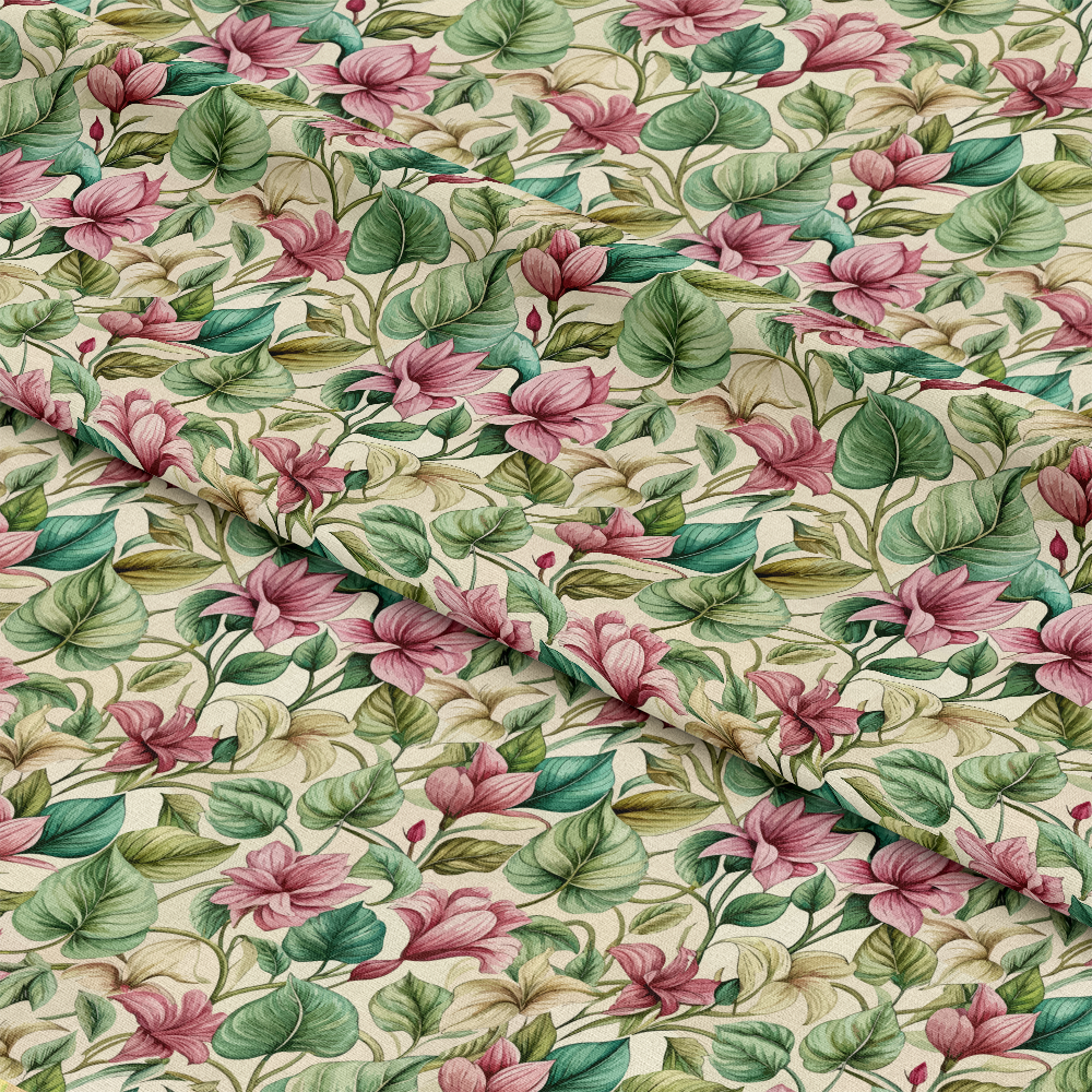Art Nouveau Cyclamens Pattern 2 Quilting Cotton Fabric, floral, leaves, pink flowers, green foliage, beige background, vintage style, classic design, natural colors, quilting cotton, fabric yardage, sewing material, premium cotton, botanical print, textile, decorative fabric