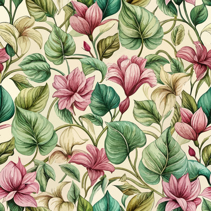 Art Nouveau Cyclamens Pattern 2 Quilting Cotton Fabric with floral design, pink and cream flowers, green leaves, botanical print, vintage style, natural colors, fabric yardage, premium quilting material, quilting fabric texture, traditional floral motif, soft cotton textile, decorative fabric for sewing projects.