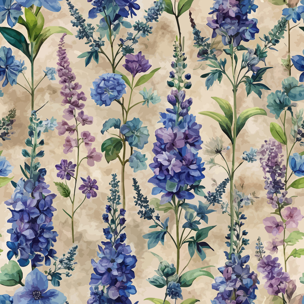 art nouveau, delphiniums, floral pattern, purple flowers, blue blooms, lavender spikes, botanical design, watercolor style, cream background, beige backdrop, quilting cotton, fabric panel, garden flowers, tall flower spikes, green foliage, soft pastels, repeating pattern, cottage garden, perennial flowers, wildflower meadow