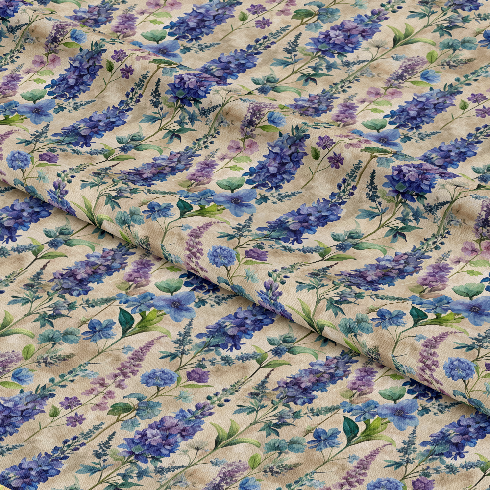 Art Nouveau Delphiniums Pattern 1 Quilting Cotton Fabric with floral design, delphinium flowers, blue and purple hues, green leaves, beige background, botanical print, cotton textile, quilting material, soft texture, vintage style, elegant, decorative fabric.