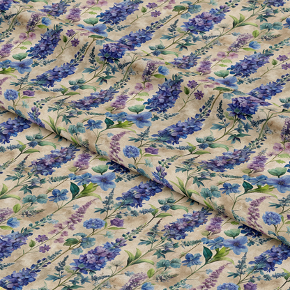 Art Nouveau Delphiniums Pattern 1 Quilting Cotton Fabric with floral design, delphinium flowers, blue and purple hues, green leaves, beige background, botanical print, cotton textile, quilting material, soft texture, vintage style, elegant, decorative fabric.