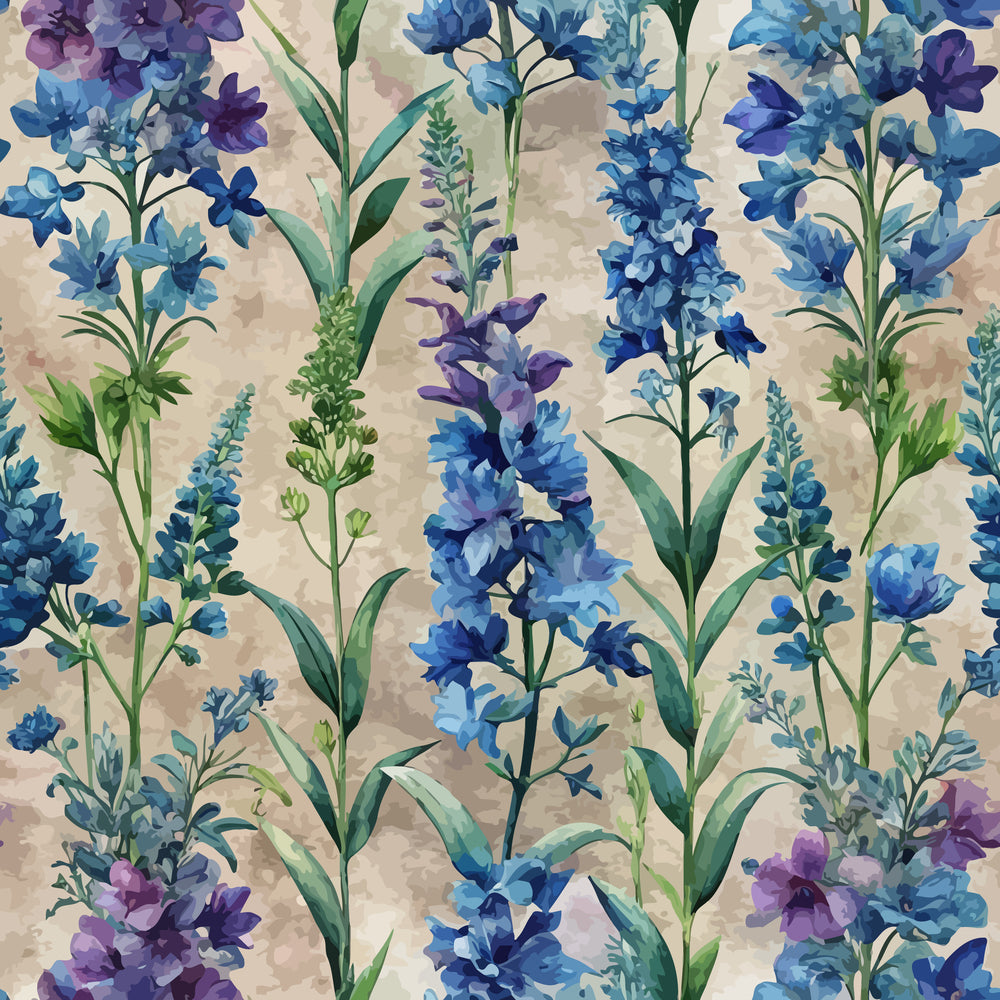 delphinium flowers, blue florals, purple blooms, watercolor style, botanical pattern, art nouveau design, quilting cotton, fabric panel, garden flowers, spike flowers, green stems, beige background, floral motifs, nature inspired, cottage garden, perennial flowers, textile design, crafting fabric, sewing material