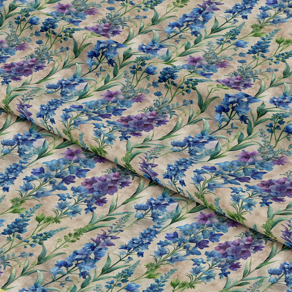 Art Nouveau Delphiniums Pattern 2 Quilting Cotton Fabric featuring blue and purple floral design, botanical motif, vintage style, natural colors, quilting material, cotton textile, premium quality, decorative cloth, artistic fabric print, garden flowers pattern, soft texture, fabric for sewing projects.
