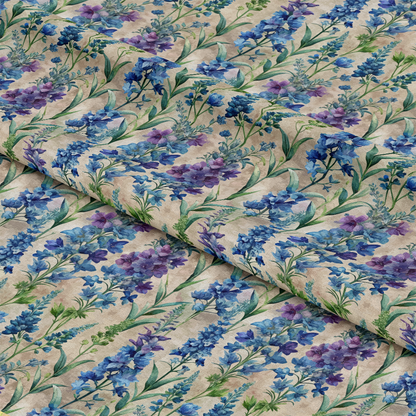Art Nouveau Delphiniums Pattern 2 Quilting Cotton Fabric featuring blue and purple floral design, botanical motif, vintage style, natural colors, quilting material, cotton textile, premium quality, decorative cloth, artistic fabric print, garden flowers pattern, soft texture, fabric for sewing projects.