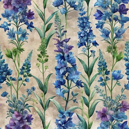 Art Nouveau Delphiniums Pattern 2 Quilting Cotton Fabric. Floral design, delphinium flowers, blue hues, purple shades, green leaves, botanical print, vintage style, natural theme, cotton textile, quilting material, fabric yardage, soft texture, decorative fabric, American-made fabric.