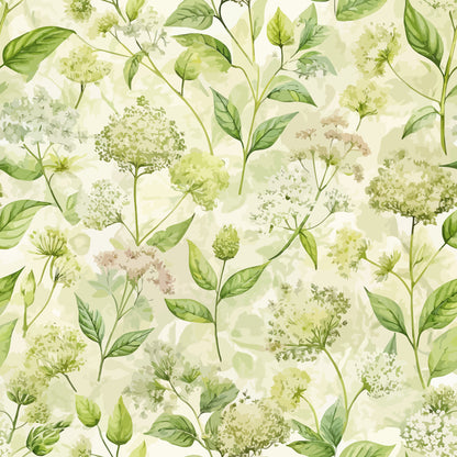 elderflowers, botanical pattern, green leaves, cream background, watercolor style, floral design, nature motif, quilting cotton, fabric panel, delicate flowers, soft pastels, organic shapes, garden theme, spring flowers, art nouveau, repeating pattern, natural elements, vintage aesthetic, botanical illustration, muted tones