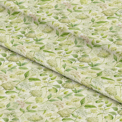 Art Nouveau Elderflowers Pattern 1 Quilting Cotton Fabric featuring botanical floral design, elderflower motifs, green leaves, cream background, natural theme, lightweight cotton textile, soft texture, premium quilting material, traditional style fabric, suitable for quilting, sewing projects, craft fabric.