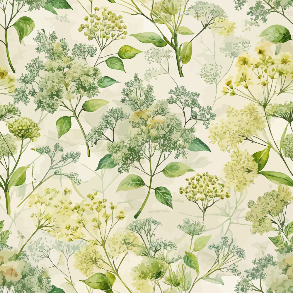 Art Nouveau Elderflowers Pattern 2 Quilting Cotton Fabric featuring delicate elderflower floral design in soft green, pale yellow, and cream hues, botanical print, natural motifs, premium quilting cotton textile, sewing material, crafting fabric with vintage-inspired style.