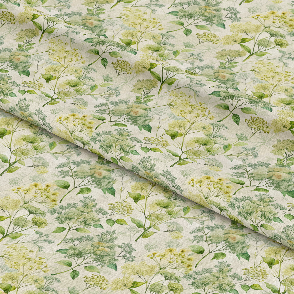 Art Nouveau Elderflowers Pattern 2 Quilting Cotton Fabric featuring botanical elderflower design, green and yellow floral motifs, natural cream background, delicate vintage style, quilting, cotton, yardage textile