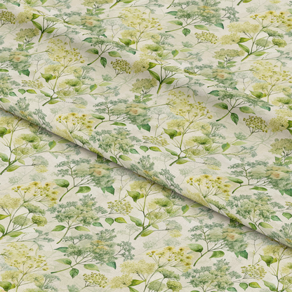 Art Nouveau Elderflowers Pattern 2 Quilting Cotton Fabric featuring botanical elderflower design, green and yellow floral motifs, natural cream background, delicate vintage style, quilting, cotton, yardage textile