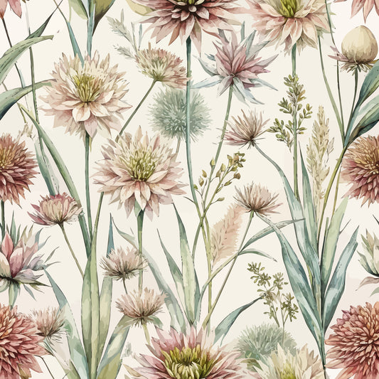 - Art Nouveau Flowering Rush Pattern 1 Quilting Cotton Fabric  
- Floral design  
- Botanical print  
- Soft pastel colors  
- Green leaves  
- Beige background  
- Vintage style  
- Quilting cotton material  
- Elegant nature motif  
- Decorative fabric yardage