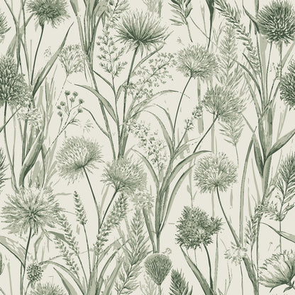 sage green, cream background, botanical pattern, flowering rush, wildflowers, tall grasses, watercolor style, nature motif, delicate stems, art nouveau, quilting cotton, fabric panel, soft tones, meadow plants, organic design, flowing movement, vintage botanical, muted palette, natural elements